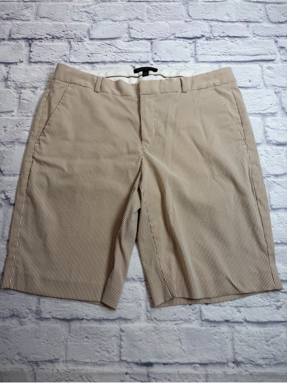 Banana Republic Tan & White Pinstripe Bermuda Shorts. Size 10.